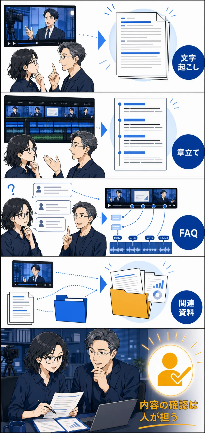 文字起こし、章立て、FAQ、関連資料を整理し内容の確認は人が担う場面