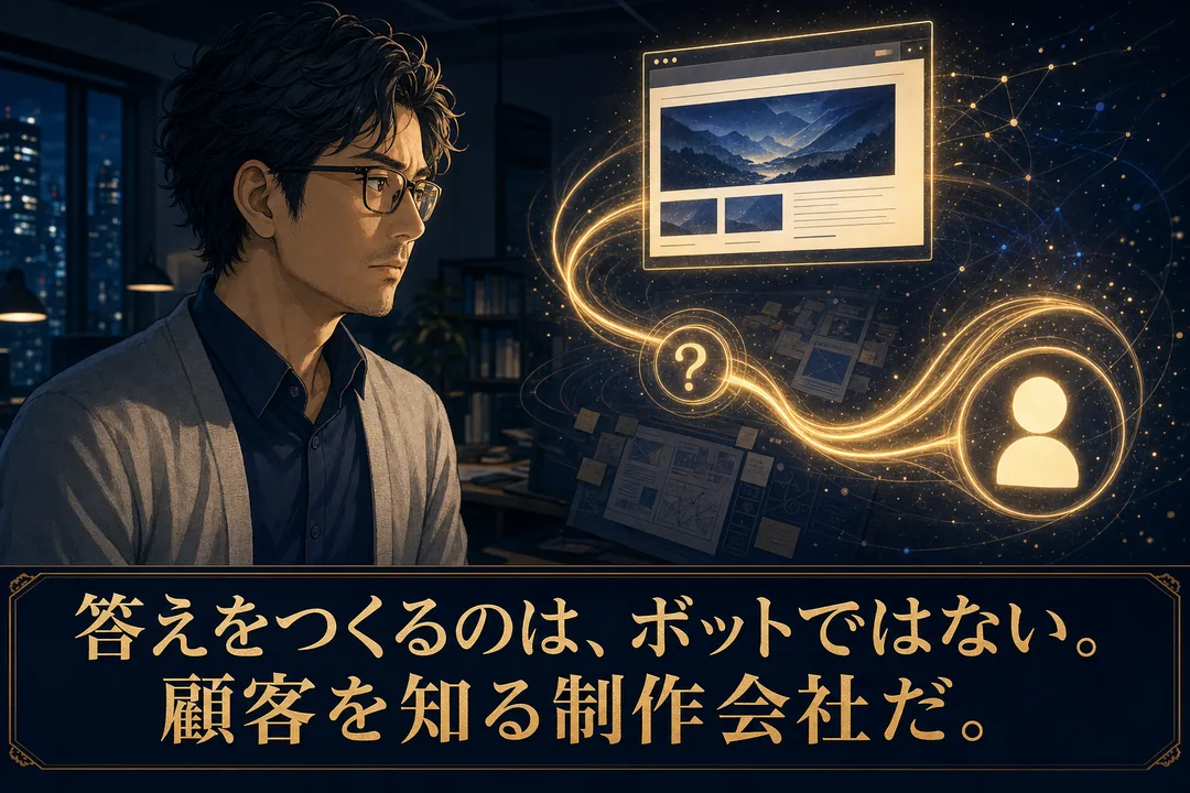 答えをつくるのはボットではなく顧客を知る制作会社だと伝えるバナー