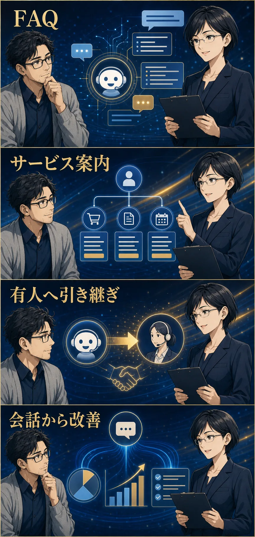 FAQ、サービス案内、有人への引き継ぎ、会話から改善を含むAI受付窓口