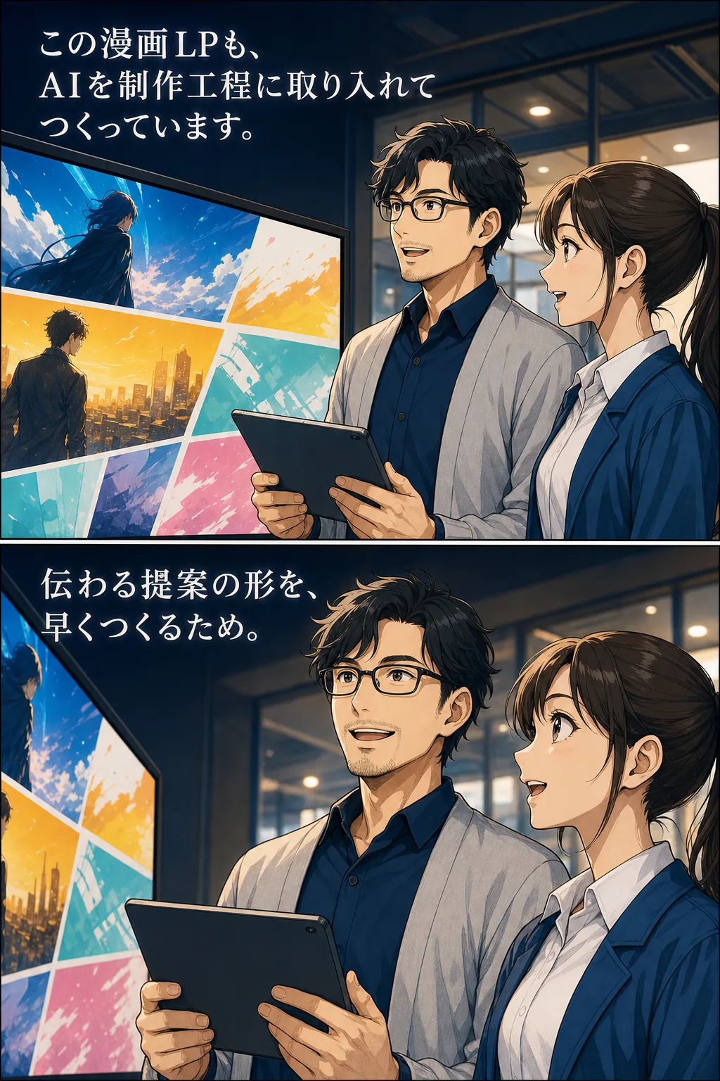 この漫画LPもAIを制作工程に取り入れてつくっていることを伝える場面